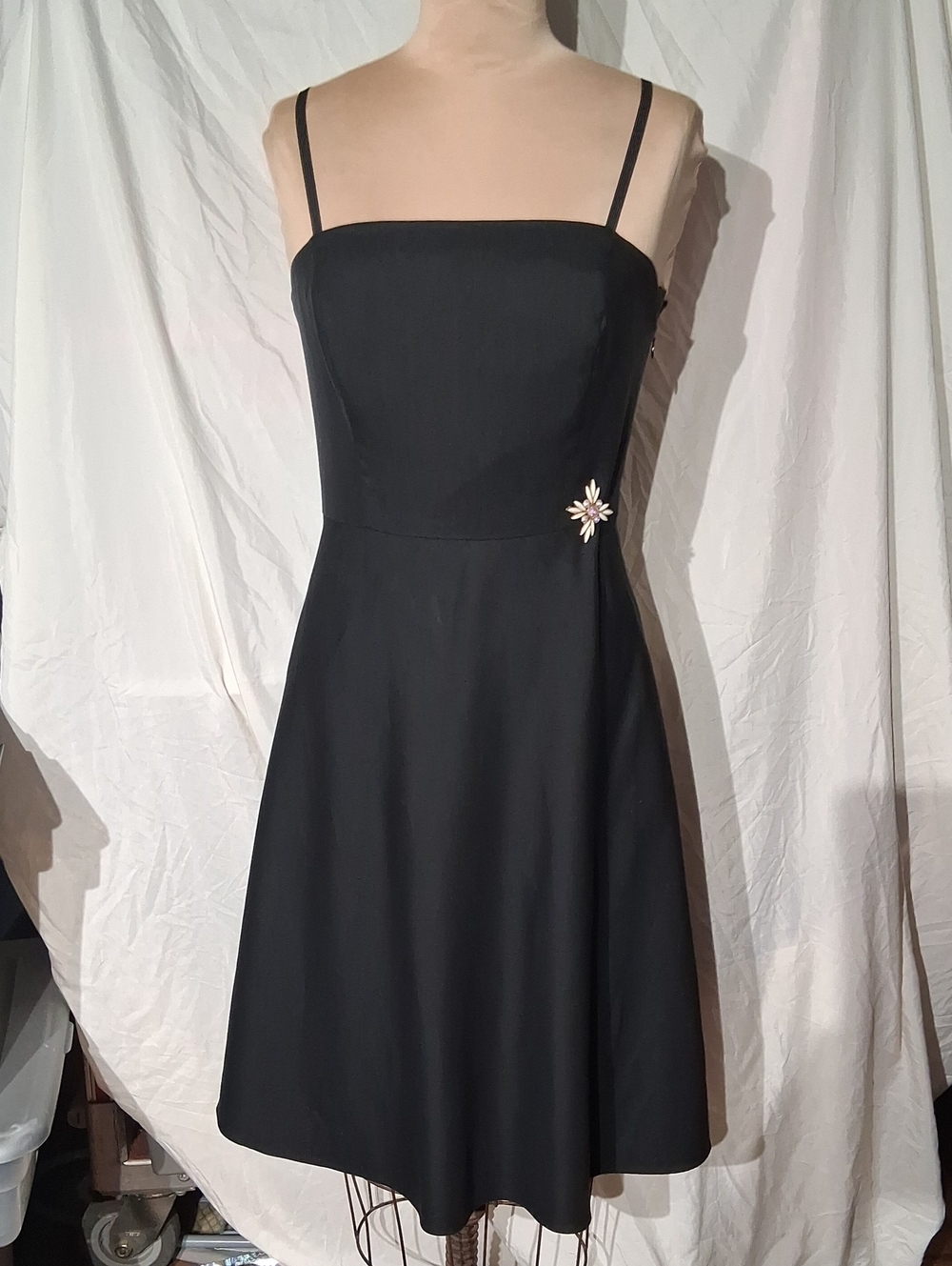 Ann Taylor Black Strapless A-Line Dress with Brooch Detail